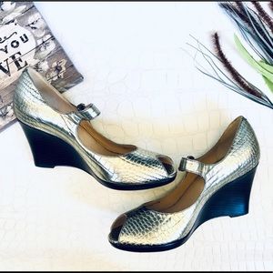 Cole Haan Gold Animal Print Peep Toe Mary Janes